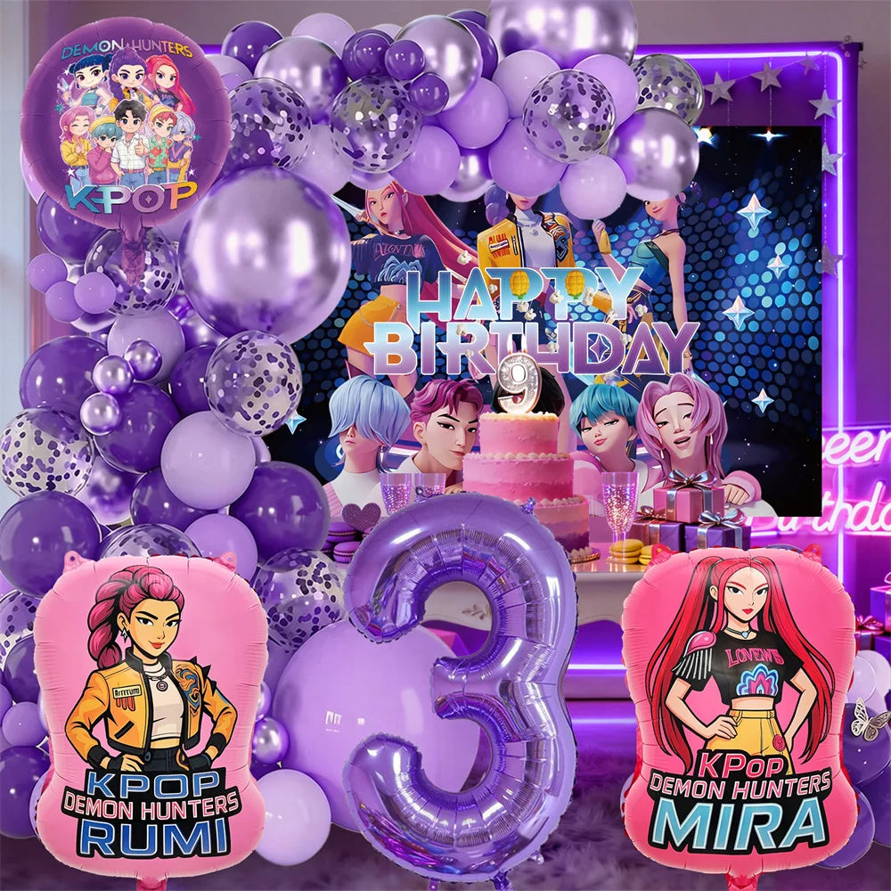 K-Pop Birthday Party Decorations, Purple Pink Balloon Garland Kit with Foil Balloons & Happy Birthday Backdrop for Girls Party