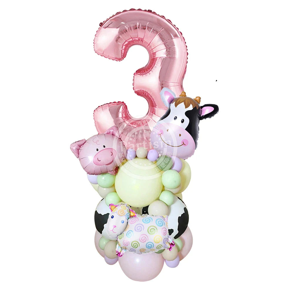 27PCS Carton Farm Animal Balloon Tower 32inch Foil Number Balloon Girl's Farm Animal Birthday Party Supply DIY Party Decoration