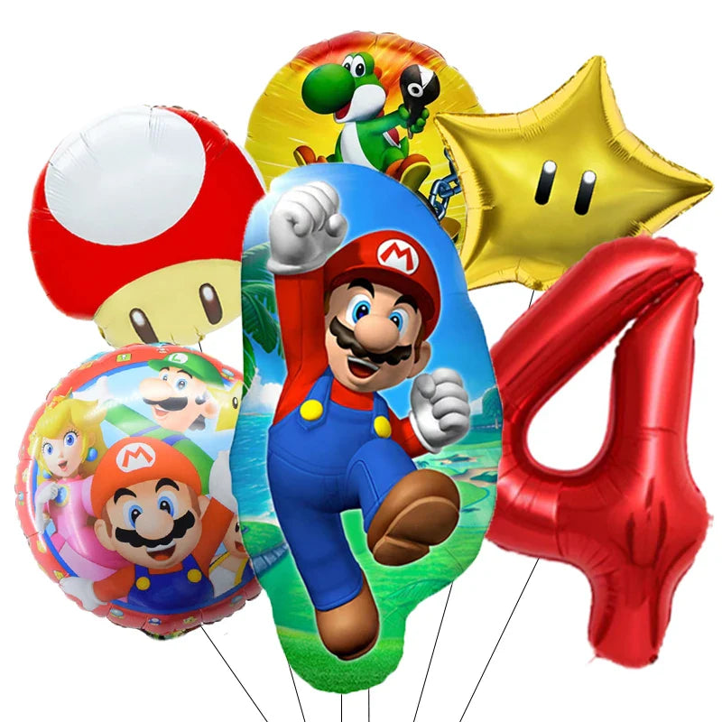 Super Mario Bros Birthday Ballons 6pcs Set Anime Aluminum Kids Foil Balloon Ornament Number Balloons Party Decoration Props Gift