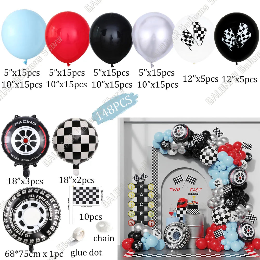 148Pcs Race Car Theme Balloon Garland Arch Kit Sea Blue Black Latex Balloons Boy's Two Fast Birthday Party Baby Shower Decor