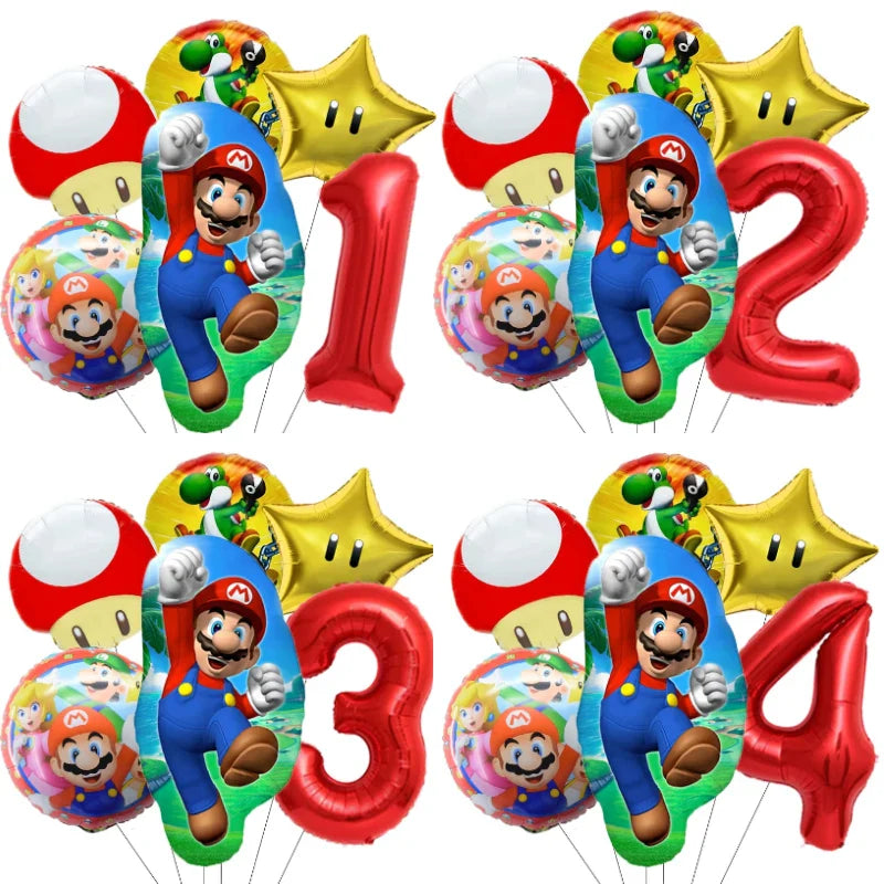 Super Mario Bros Birthday Ballons 6pcs Set Anime Aluminum Kids Foil Balloon Ornament Number Balloons Party Decoration Props Gift