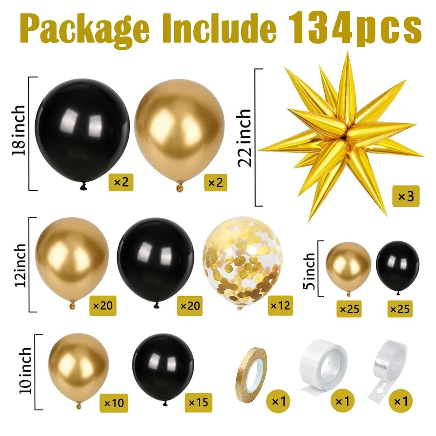 134pcs black and gold with gold confetti balloon garland arch set, suitable for birthday, Christmas, and New Year decorations