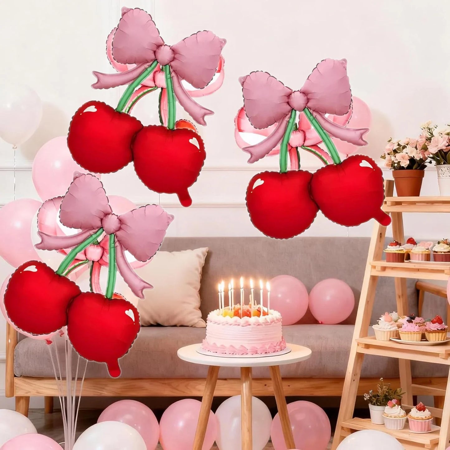 2PCS Pink Bow Red Cherry Balloons - "She's The Cherry On Top" Party Decor, Berry 1st Birthday, Girl/Women Summer Fruit Theme