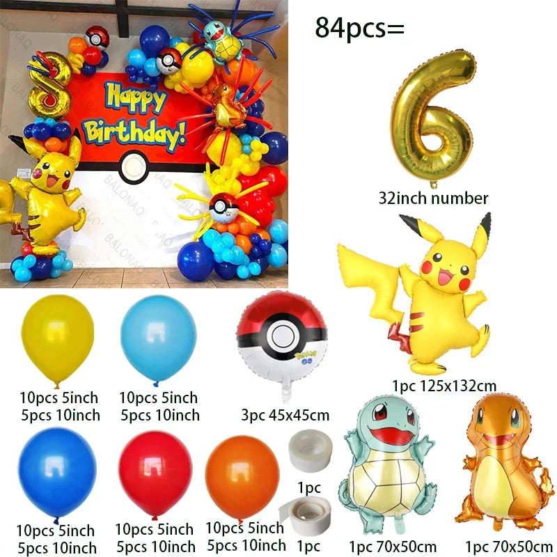 84pcs Pikachu Party Balloons Garland Arch Kit Pokemon Theme Birthday Party Decor Supplies Pikachu Squirtle Bulbasaur Pocket Ball