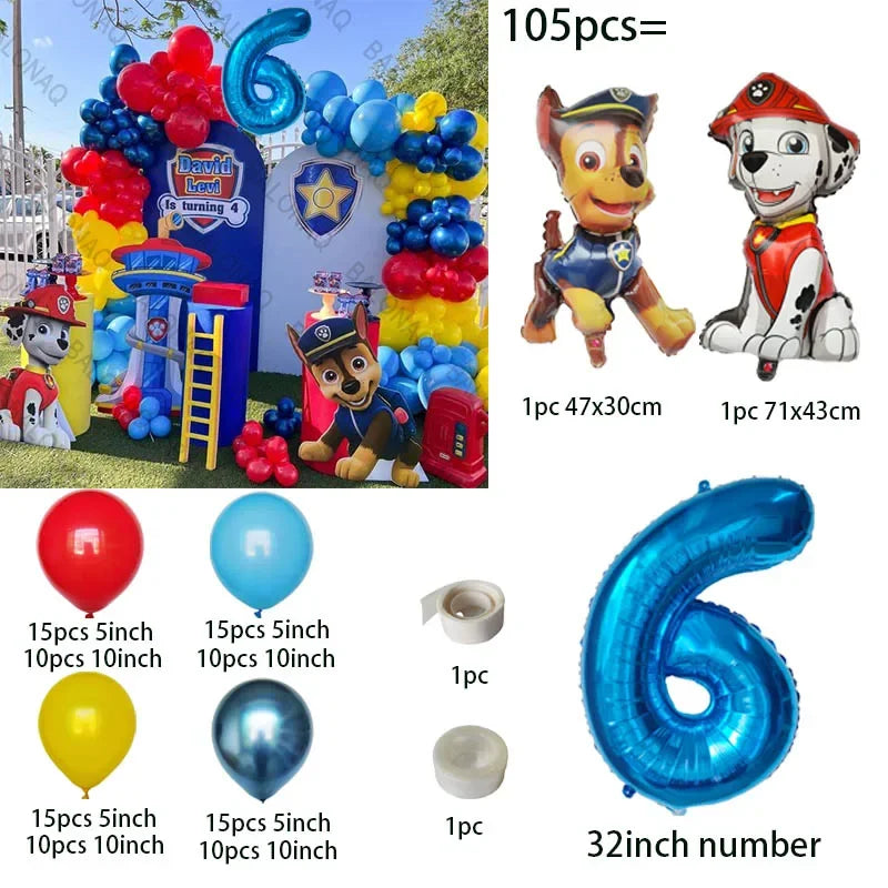 105pcs Paw Patrol Balloon Rescue Dog Chase Rubble Foil Balloon Children's Birthday Party Decoration Supplies Kids Gift
