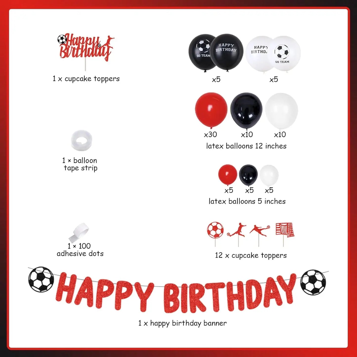 Soccer Theme Party Decor Red Black Balloon Garland Kit Happy Birthday Banner Cake Cupcake Topper Red Balloon for Boys Girls