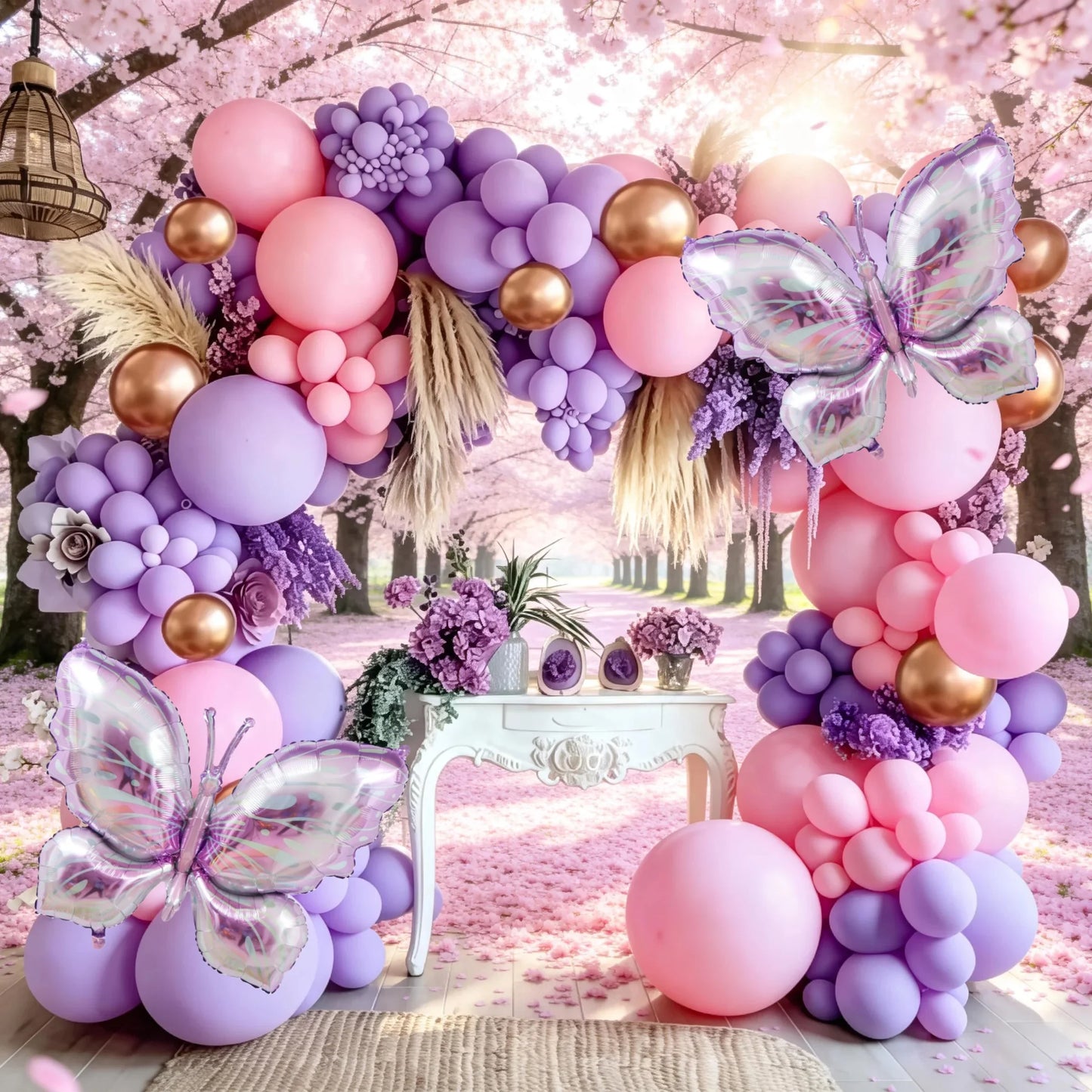 [Butterfly Theme Balloon Garland] 172-Piece Purple Butterfly Theme Balloon Garland Kit - Maca Purple and Pink with Gold Balloons, Suitable for Birthday, Mother's Day, Anniversary, and Spring Wedding Decorations