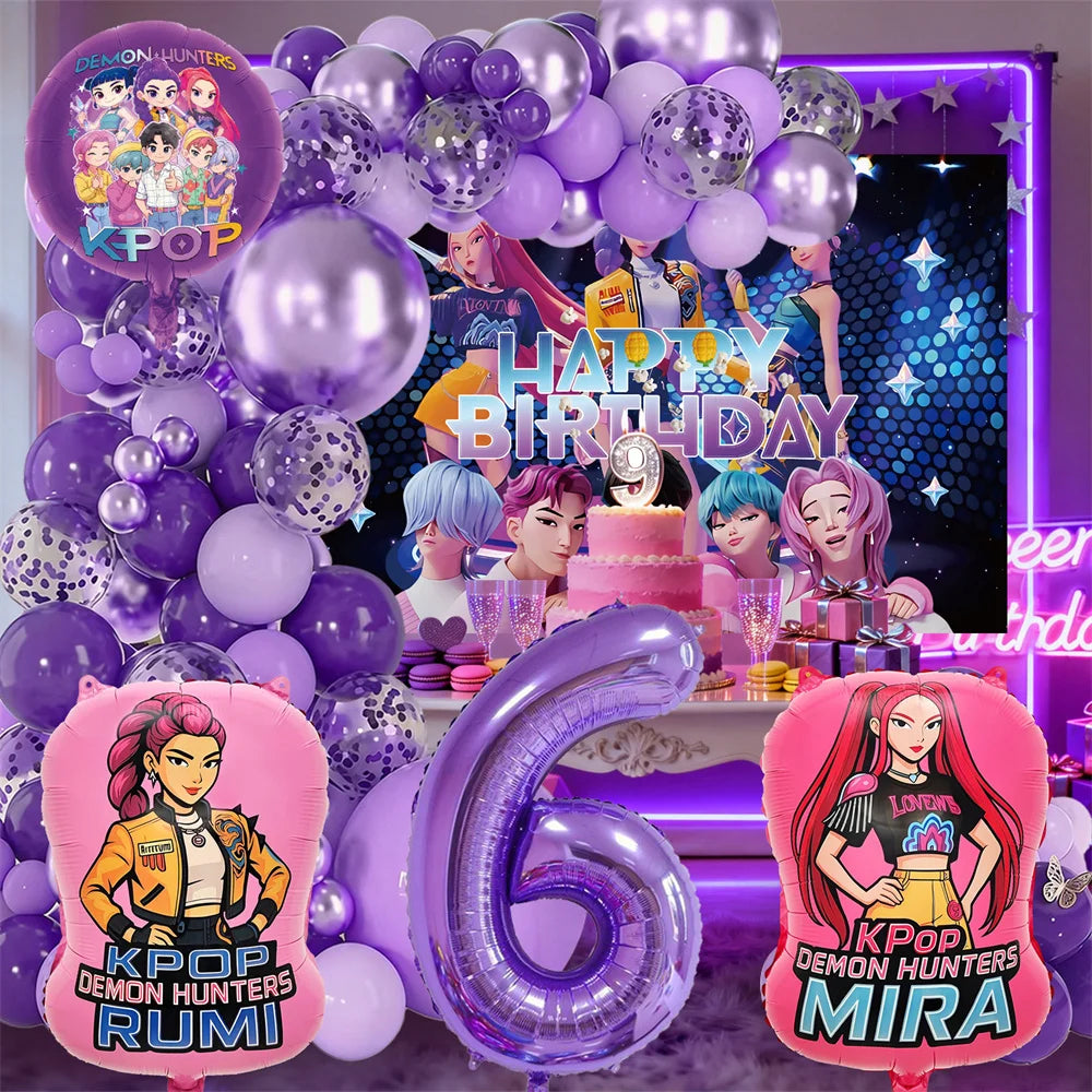 K-Pop Birthday Party Decorations, Purple Pink Balloon Garland Kit with Foil Balloons & Happy Birthday Backdrop for Girls Party