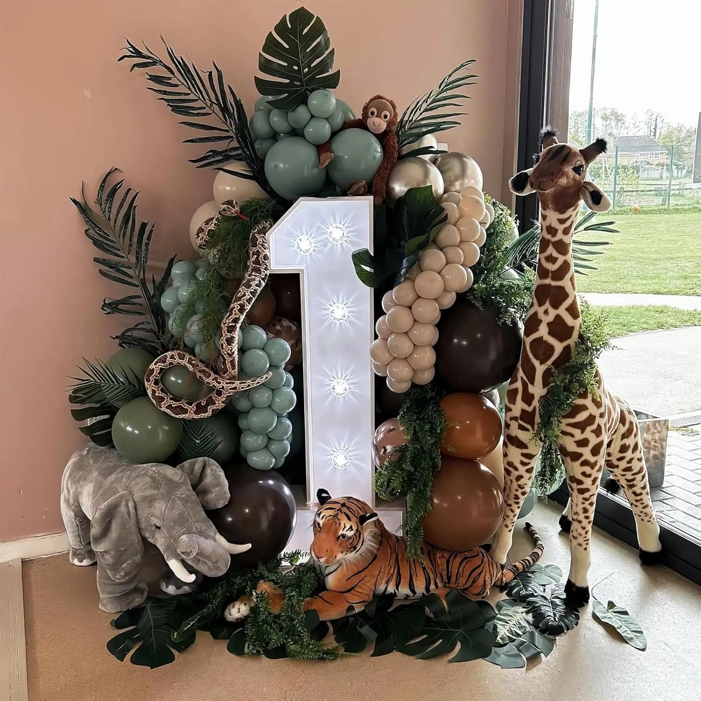 129-Piece Sage Green and Brown Wildlife-Themed Balloon Garland Set,