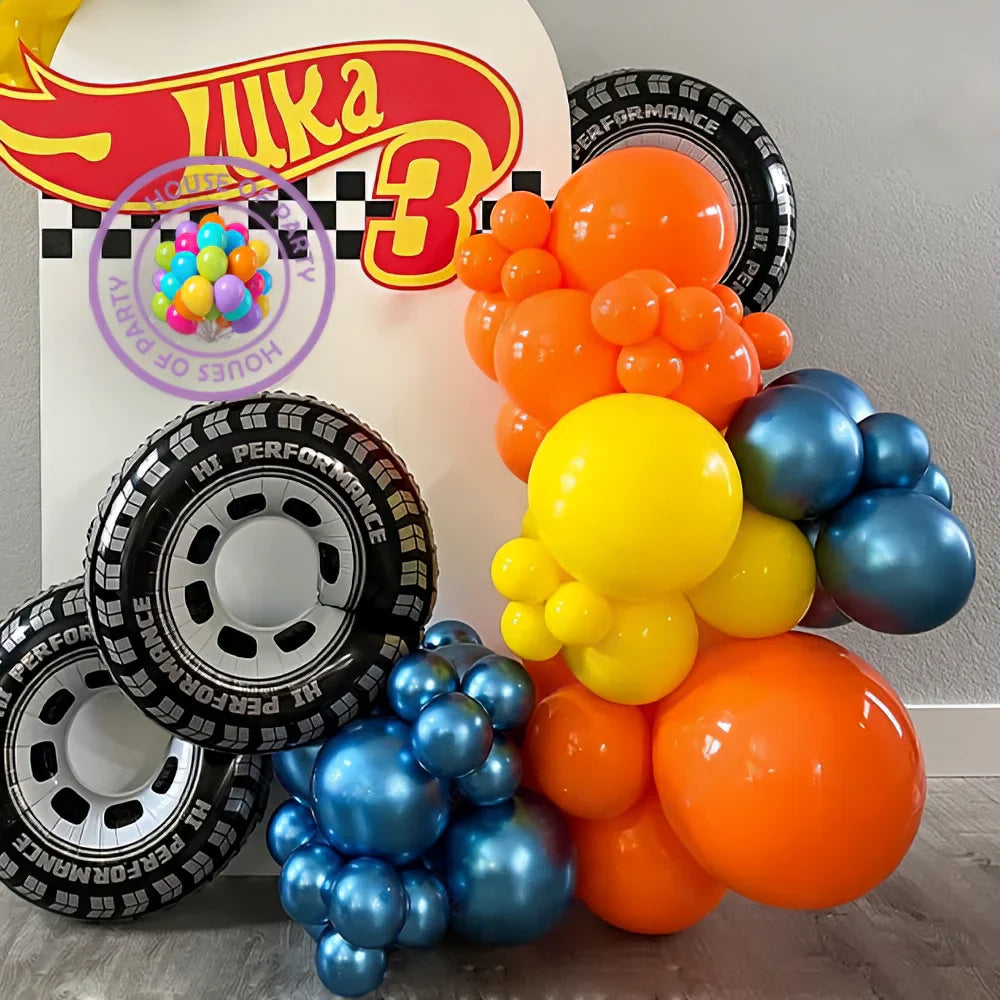 Racing Theme Balloons Arch Garland Yellow Orange Balloons Wheels Foil