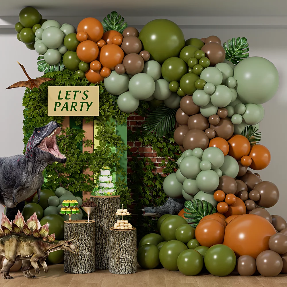 136Pcs Dinosaur Balloon Garland Arch Kit Brown Orange Sage Green Latxe