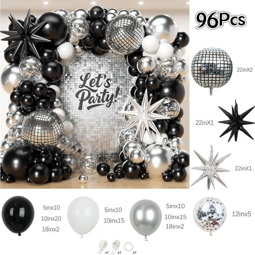 96Pcs Black and Silver White Balloon Garland Arch Kit with Stars and
