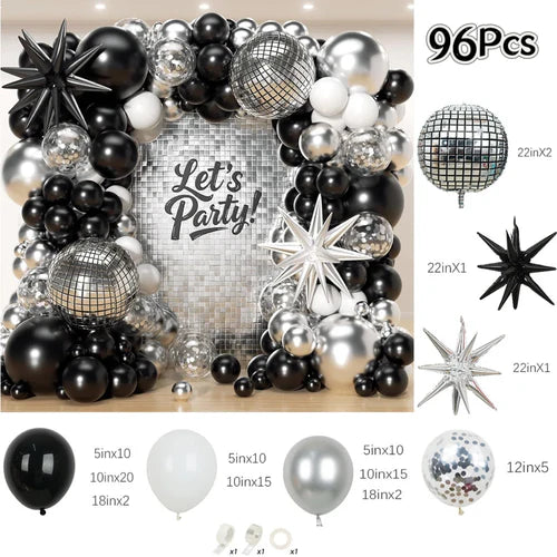 96Pcs Black and Silver White Balloon Garland Arch Kit with Stars and