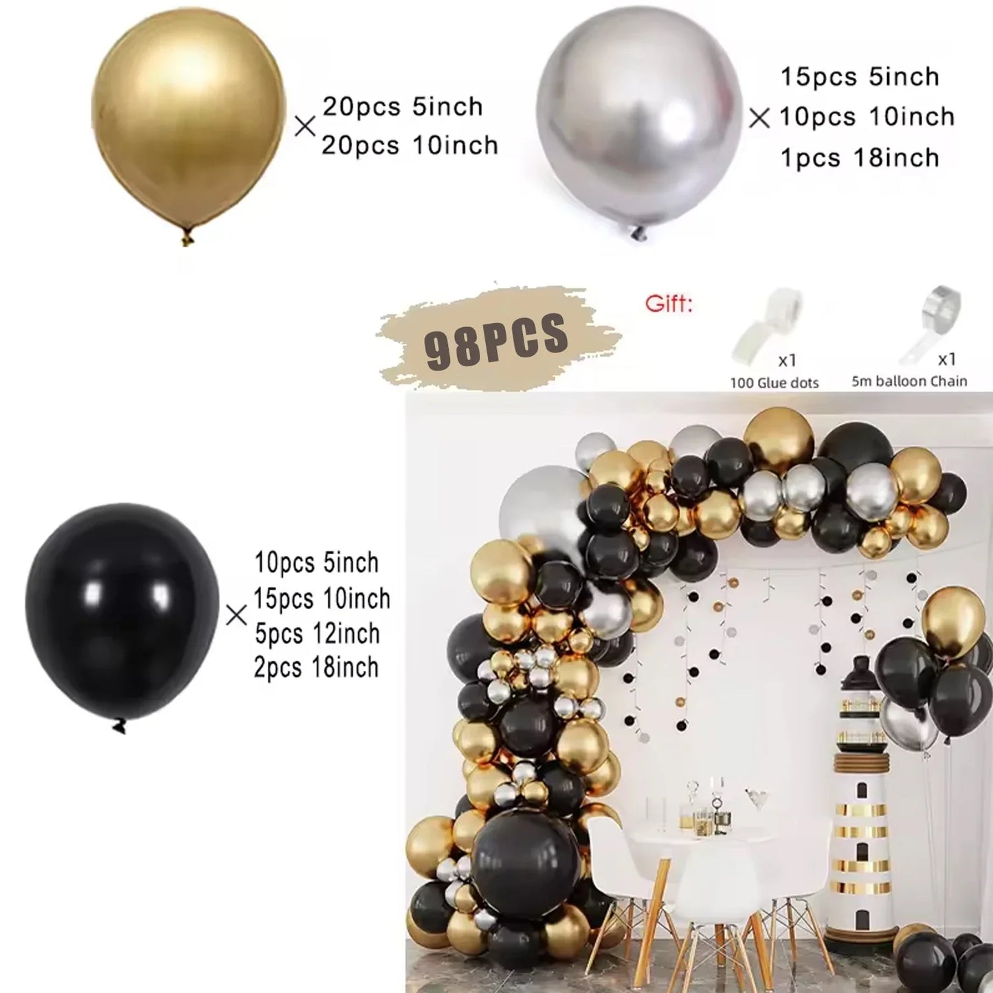 Black and Gold Balloons Garland Arch Kit with Starburst Foil Balloons