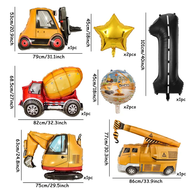 9pcs Engineering Theme Foil Balloon Set With 40Inch Number Birthday