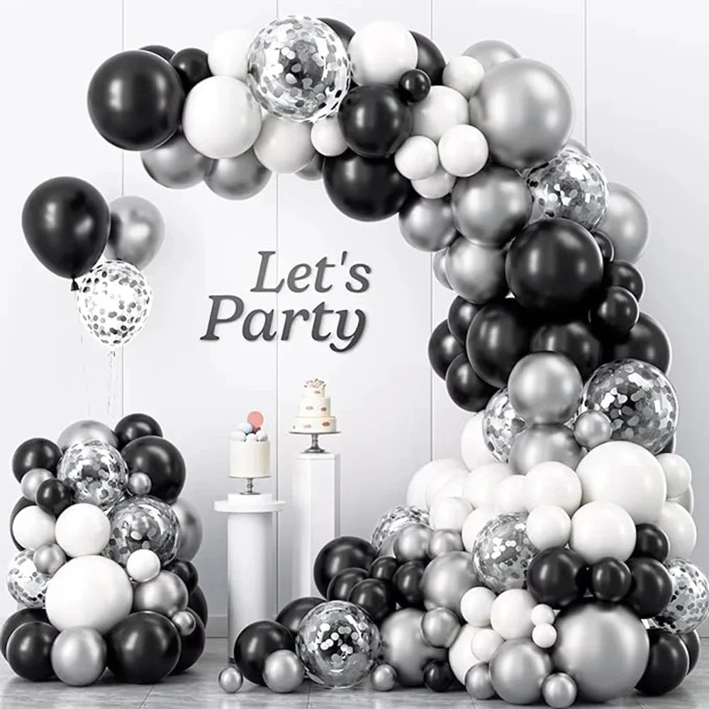 Black White Balloons Garland Metal Silver Balloon Arch Kit 18th