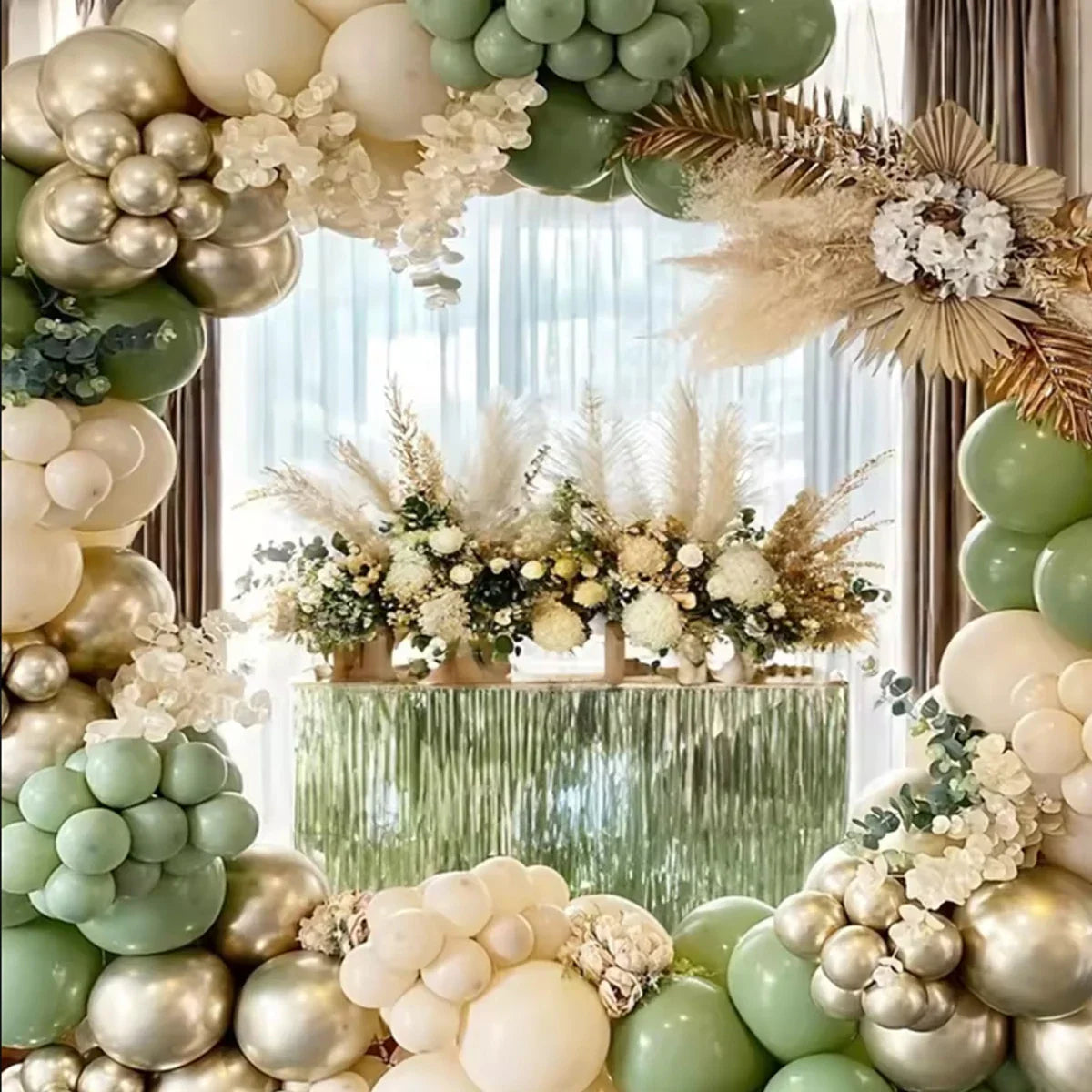 100PCS Retro Green White Balloon Garland Beige Sand Balloons Arch Kit