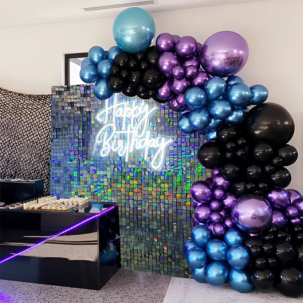 117Pcs Metallic Chrome Black Purple Blue Balloons Garland Arch Kit for