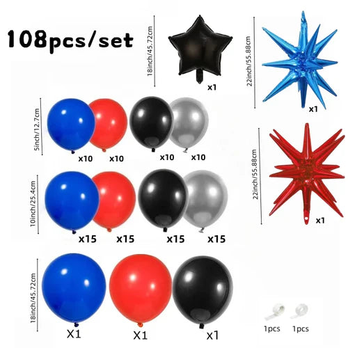 108 Pieces Black-Red-Blue-Silver Balloon Arch Garland Set, Red and
