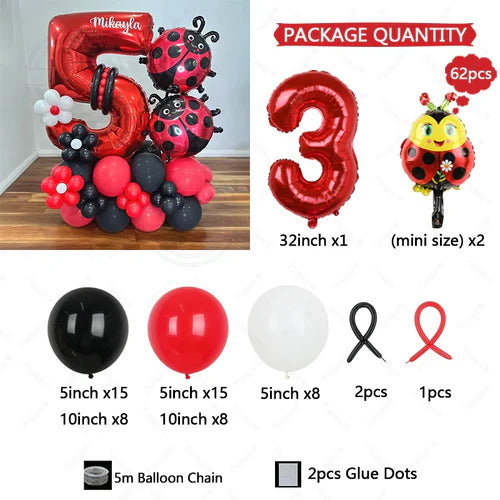 62pcs LadyBug Foil Balloons Garland Arch Kit Red Number Foil Ballon