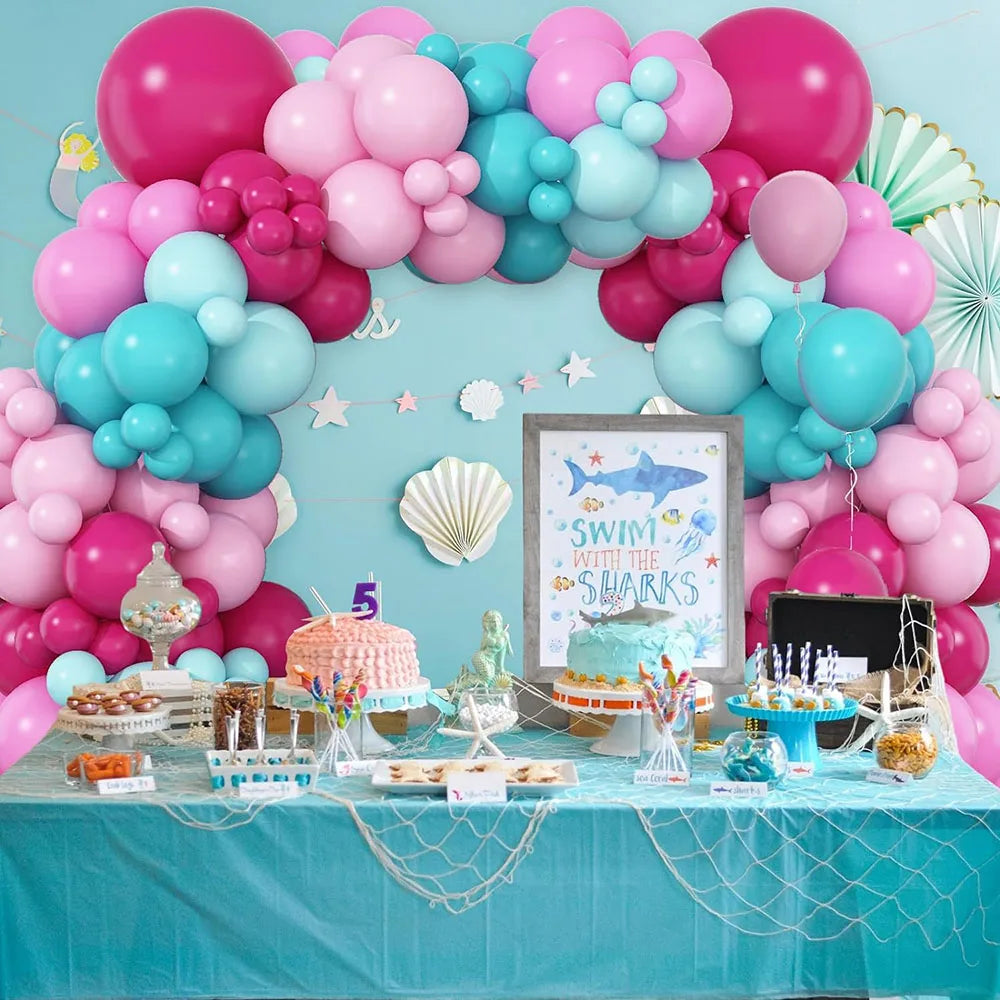 Peach Red and Blue-Green Balloon Arched Garland Set, Rose Red Cyan