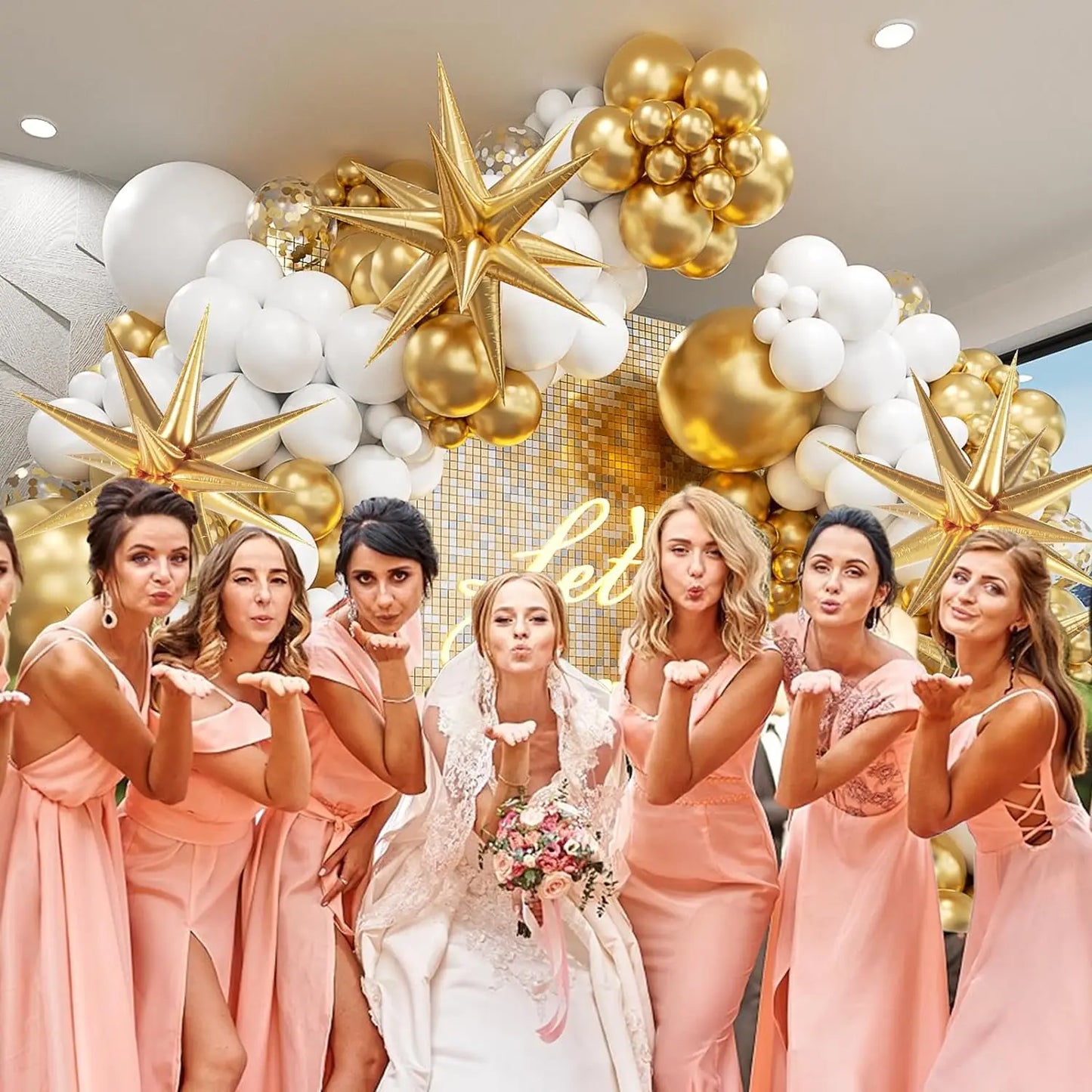 121Pcs White and Gold Balloons Garland Arch Kit with Starburst Foil