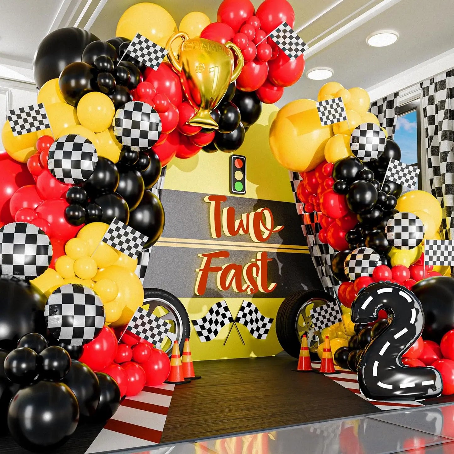 98 Pieces Yellow and Black All-In-One Car Theme Balloon Garland Set,
