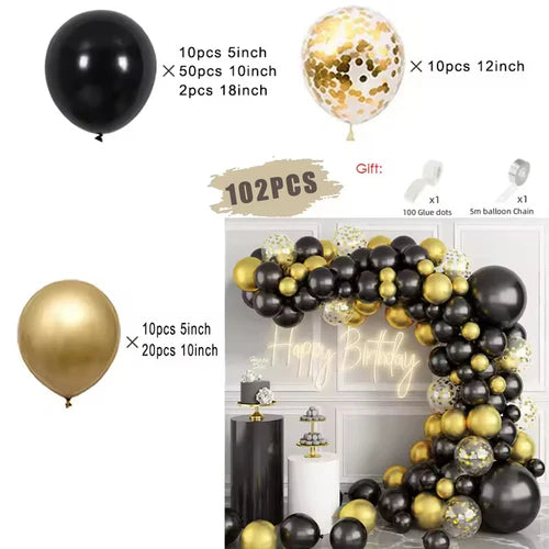 Black and Gold Balloons Garland Arch Kit with Starburst Foil Balloons