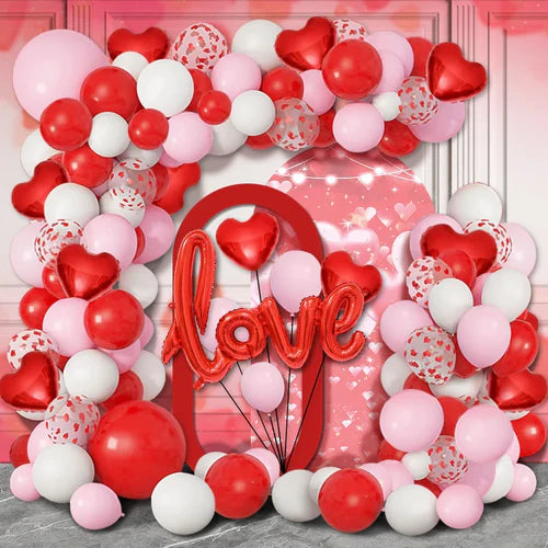 128Pcs Valentine's Day Red and Pink Heart-Shaped Foil Balloon Garland
