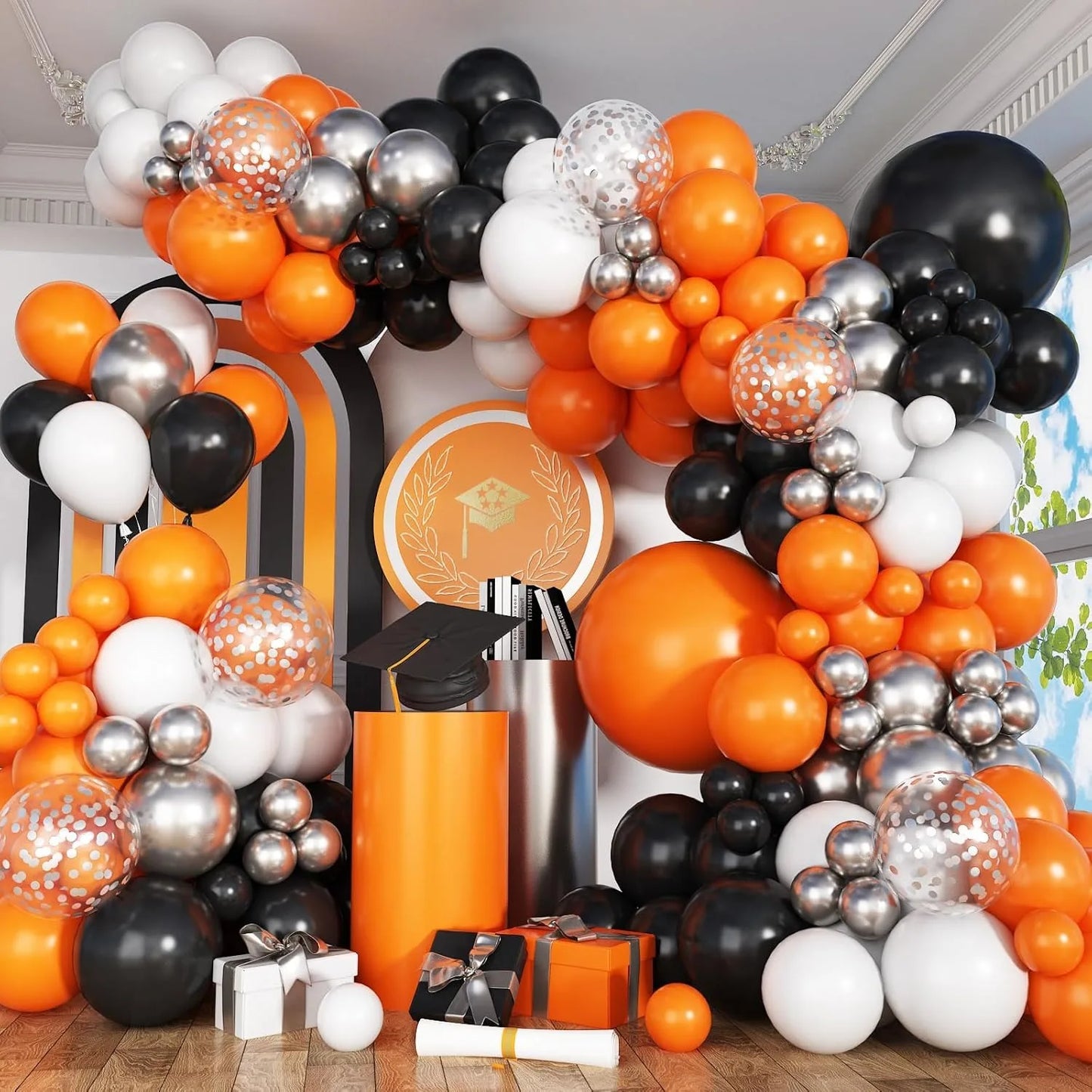 113pcs Black White Orange Confetti Latex Balloon Garland Arch Kit for