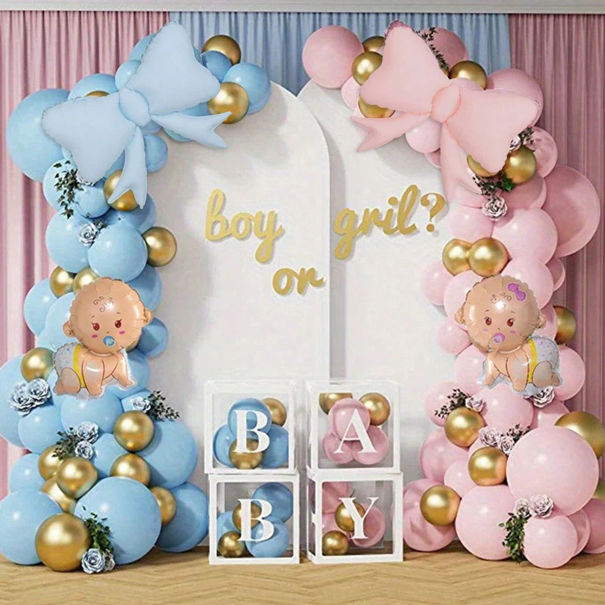 Gender Reveal Balloon Garland Kit with Bow & Baby Balloons - Chrome