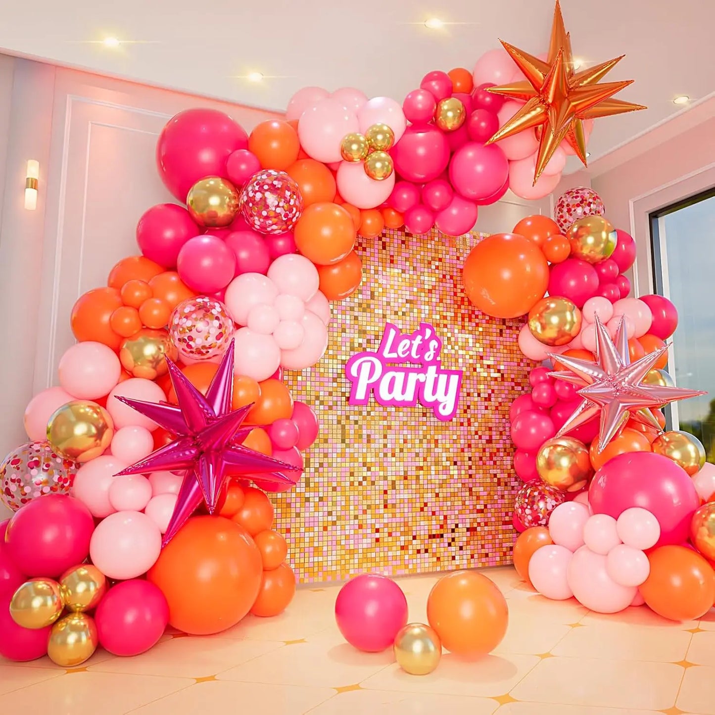 109Pcs Pink and Orange Balloon Hot Pink Orange Metallic Gold Latex