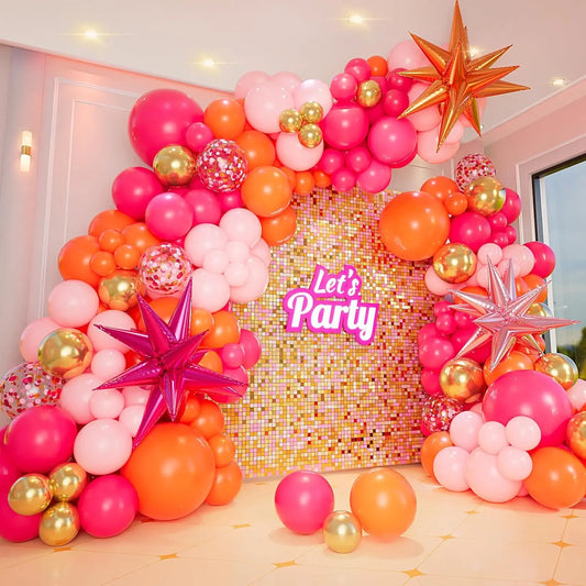 109Pcs Pink and Orange Balloon Hot Pink Orange Metallic Gold Latex