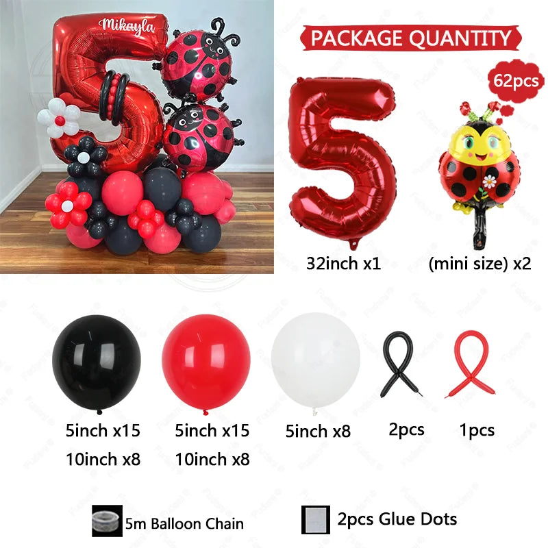 62pcs LadyBug Foil Balloons Garland Arch Kit Red Number Foil Ballon