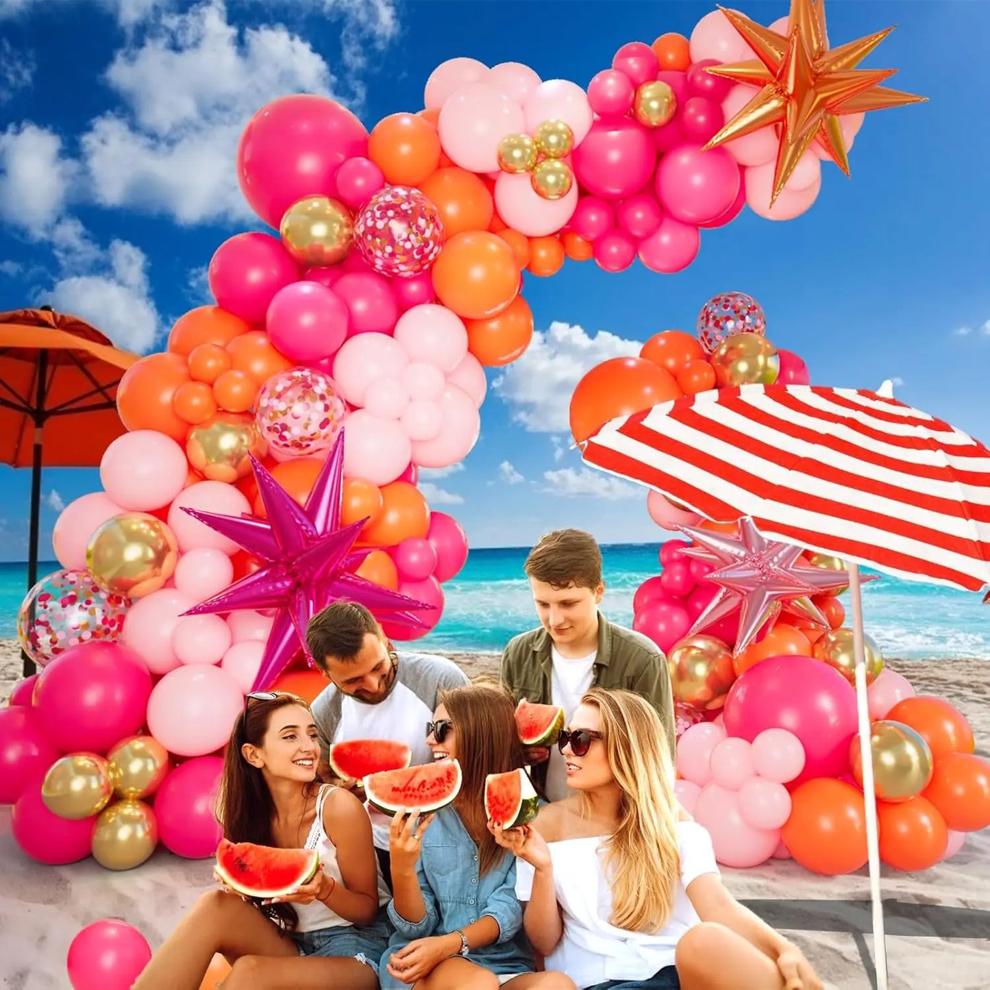 109Pcs Pink and Orange Balloon Hot Pink Orange Metallic Gold Latex