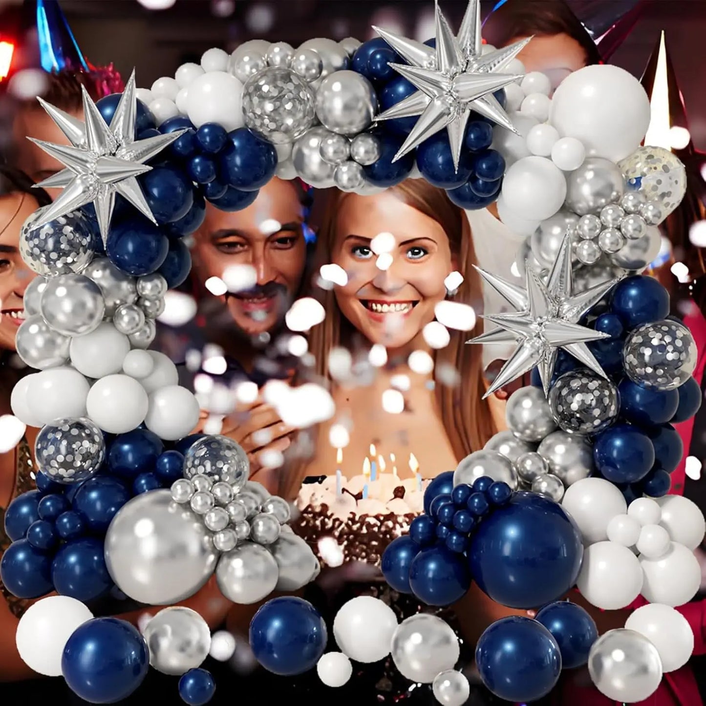 106Pcs  Navy Blue and Silver Balloon Garland Arch Kit Silver Confetti