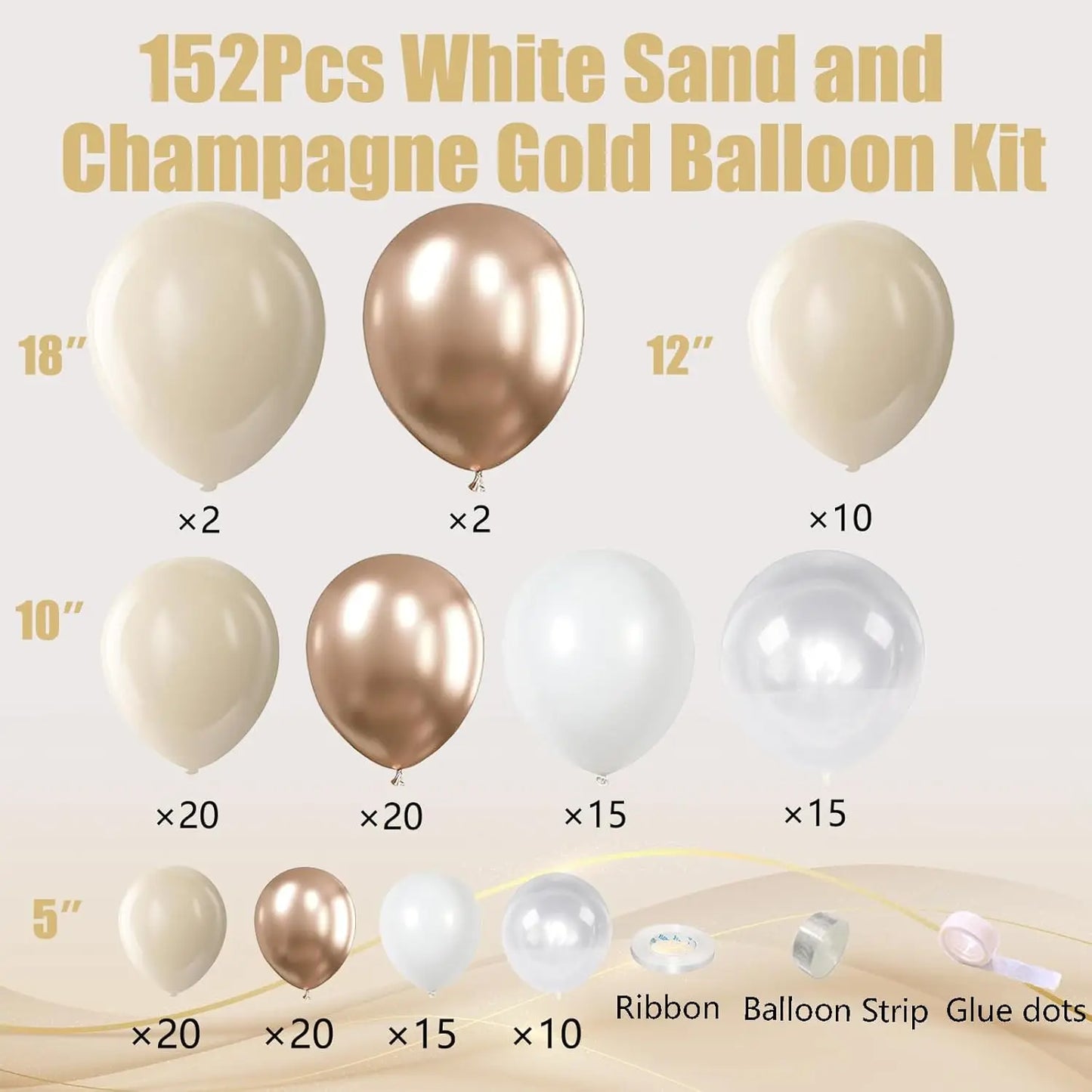 152pcs White Sand Metallic Balloons Garland Kit - Champagne Gold &