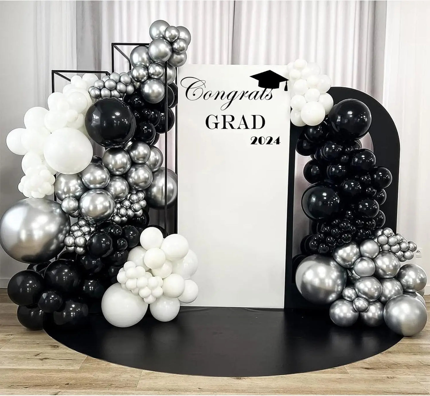 96Pcs Black and Silver White Balloon Garland Arch Kit with Stars and