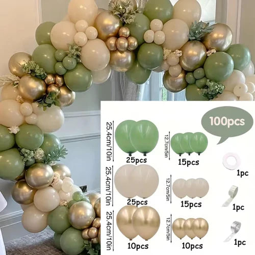 100PCS Retro Green White Balloon Garland Beige Sand Balloons Arch Kit
