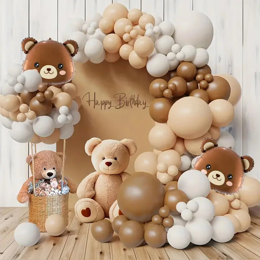 142pcs Cartoon Bear Khaki White Skin Latex Balloons Garland Arch Kit