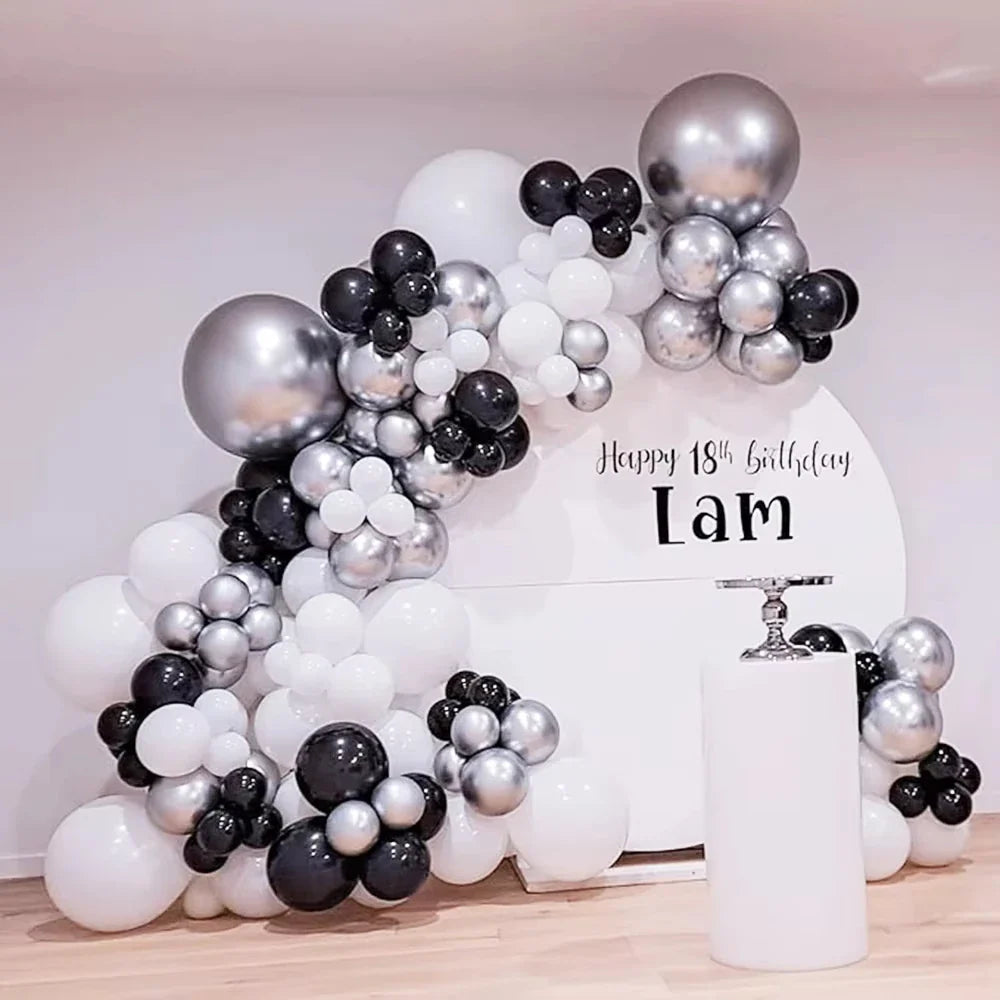 Black White Balloons Garland Metal Silver Balloon Arch Kit 18th
