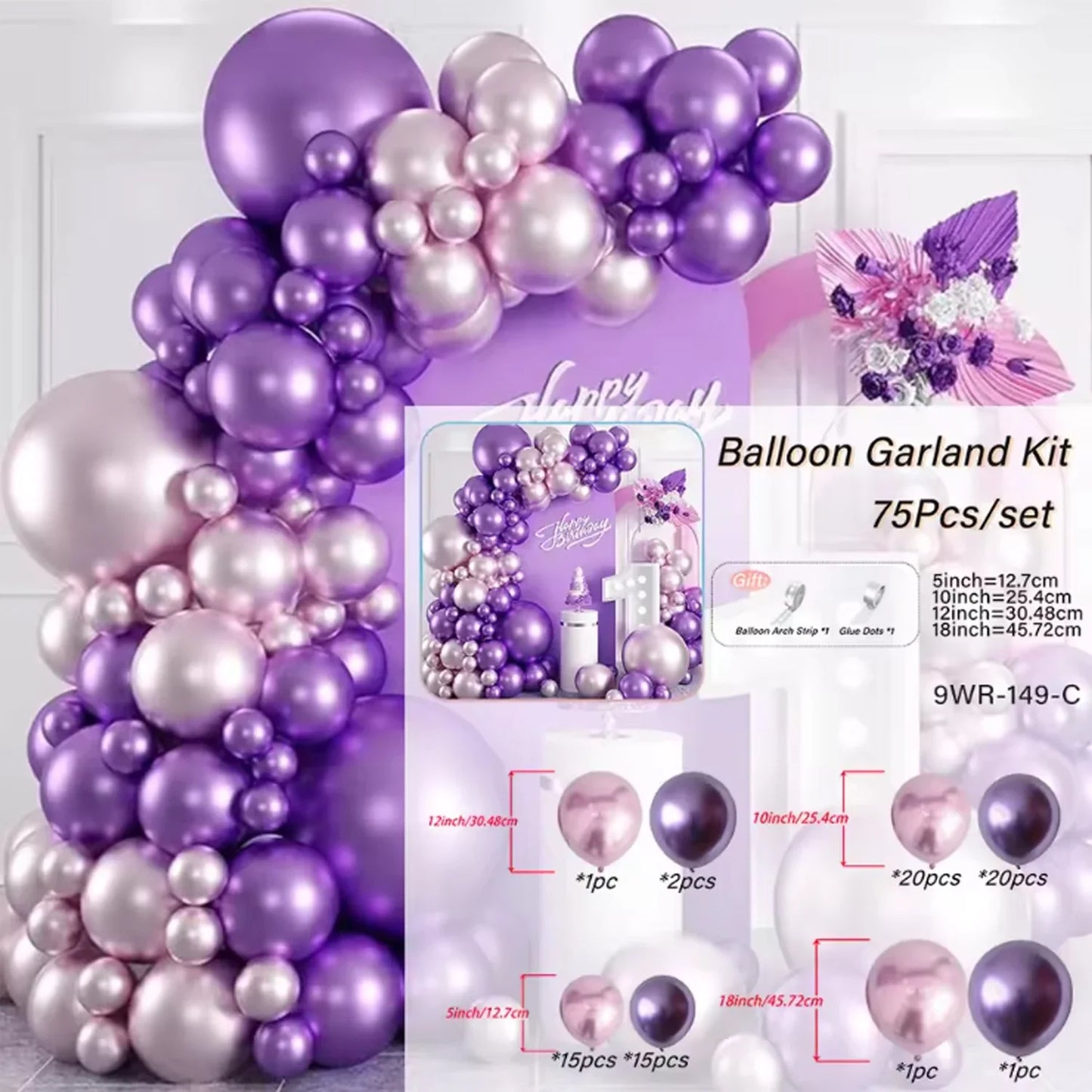 75pcs Metallic Pink Purple Balloon Garland Kit for Wedding Anniversary