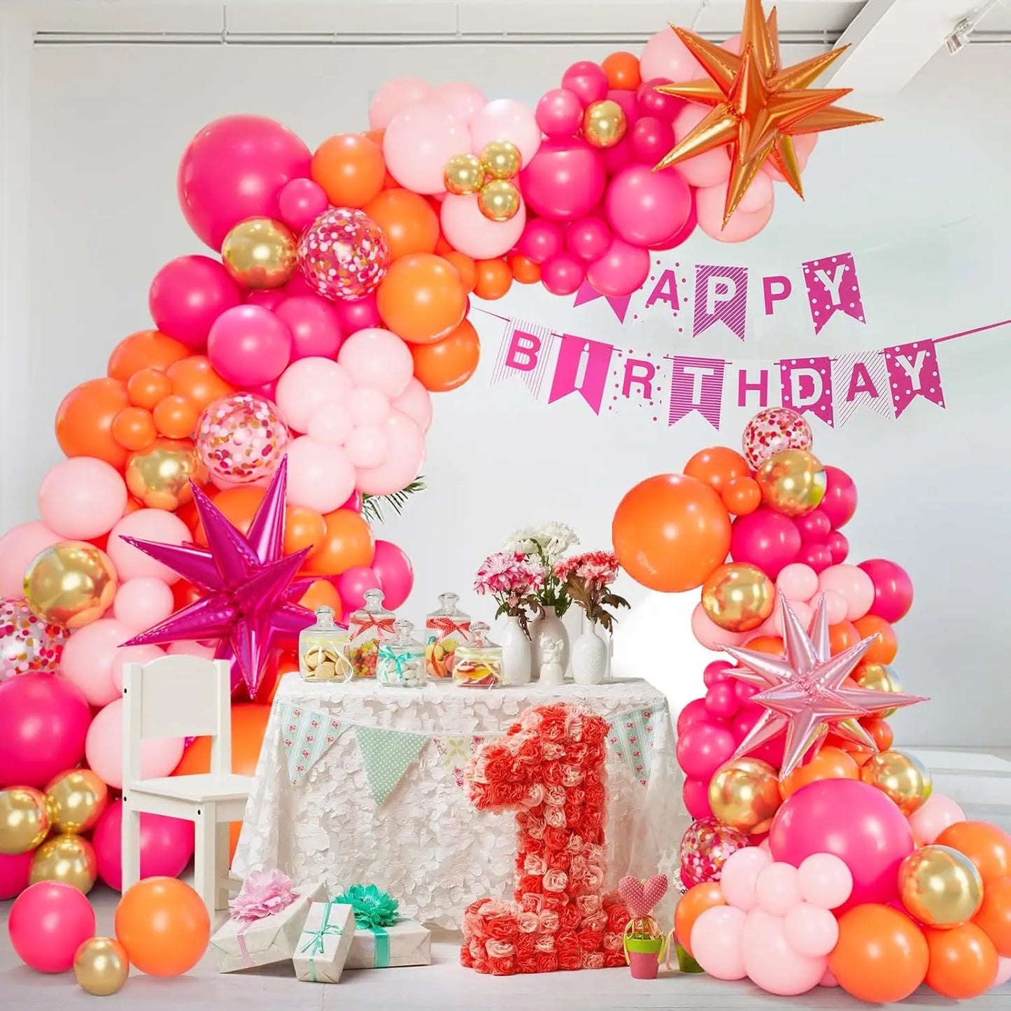 109Pcs Pink and Orange Balloon Hot Pink Orange Metallic Gold Latex