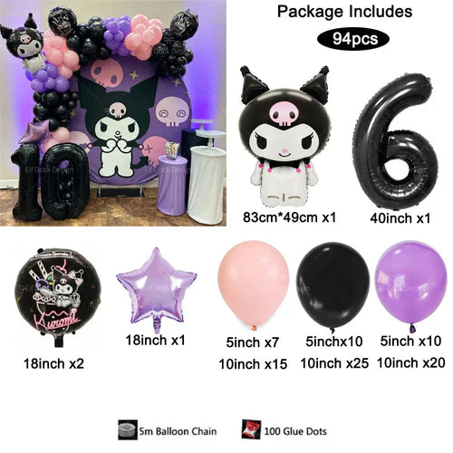 94PCS Kuromi Themed Balloons Garland Arch Kit for Girl Birthday Party