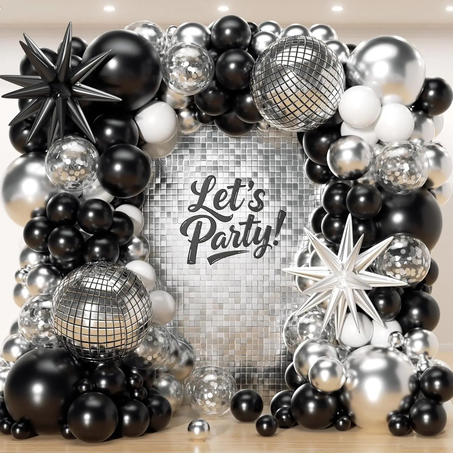 96Pcs Black and Silver White Balloon Garland Arch Kit with Stars and