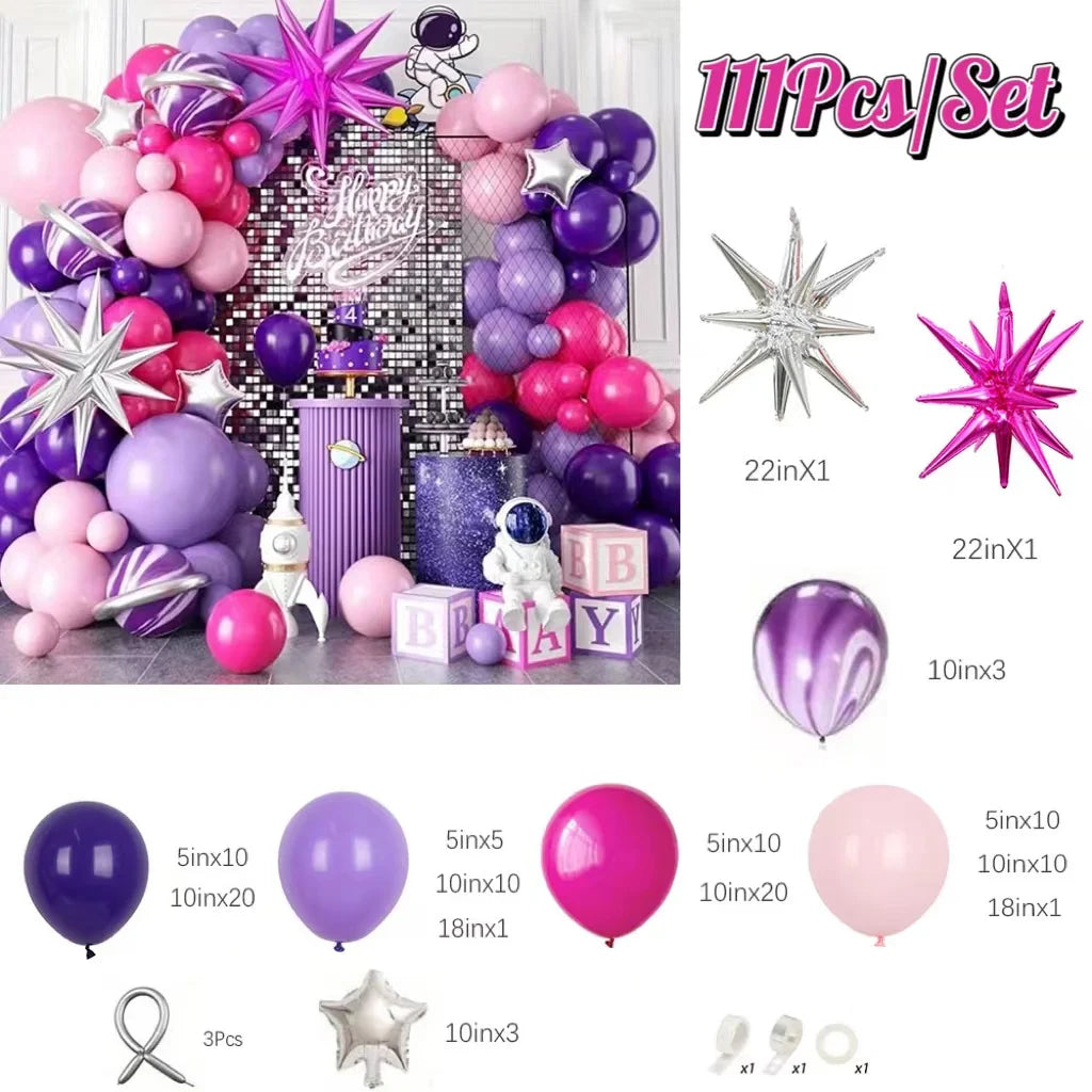 111Pcs Hot Pink Purple Latex Balloons Garland Arch Kit Indoor and