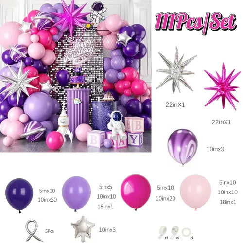 111Pcs Hot Pink Purple Latex Balloons Garland Arch Kit Indoor and