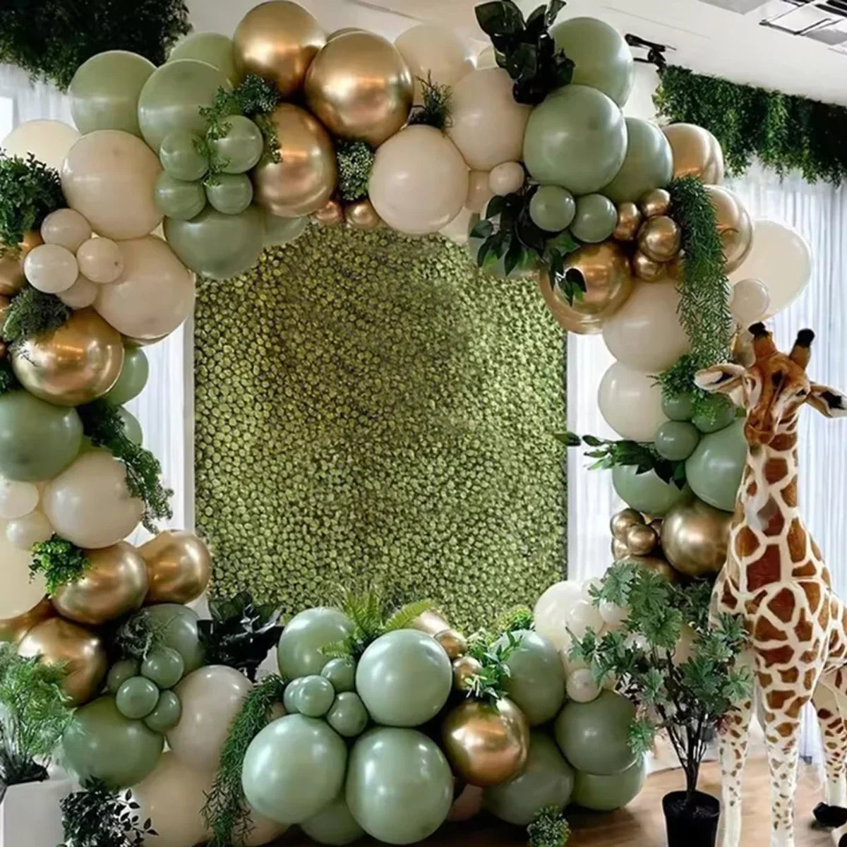 100PCS Retro Green White Balloon Garland Beige Sand Balloons Arch Kit