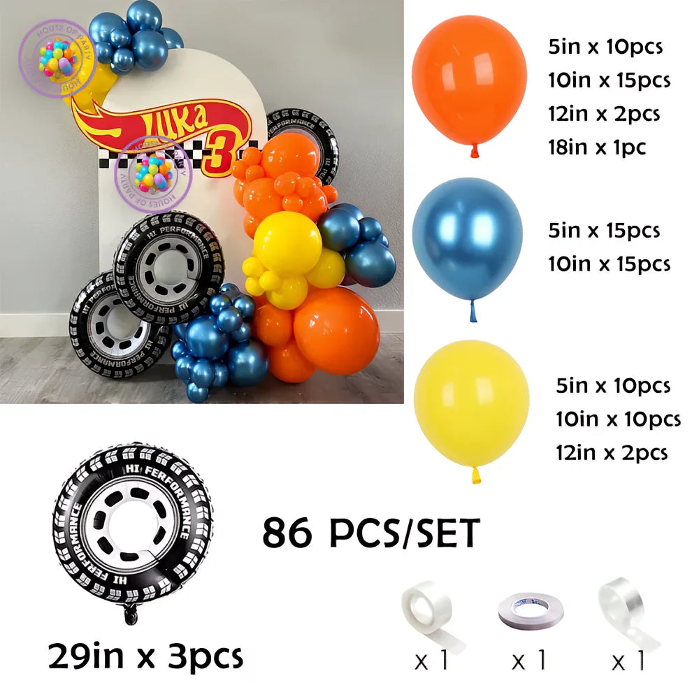 Racing Theme Balloons Arch Garland Yellow Orange Balloons Wheels Foil