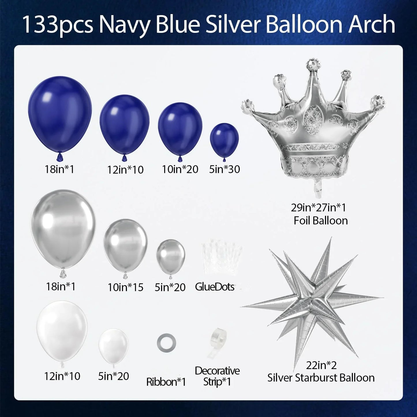 133Pcs Navy Blue and Silver Balloon Garland Arch Kit with